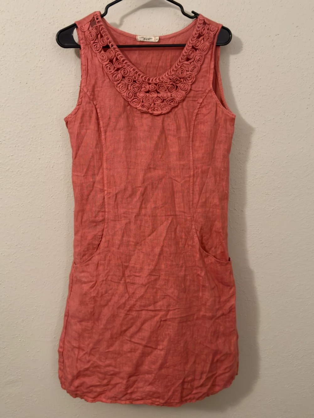 Lungo L’Arno Italy 100% Linen Rosette Neckline Pocket Dress S